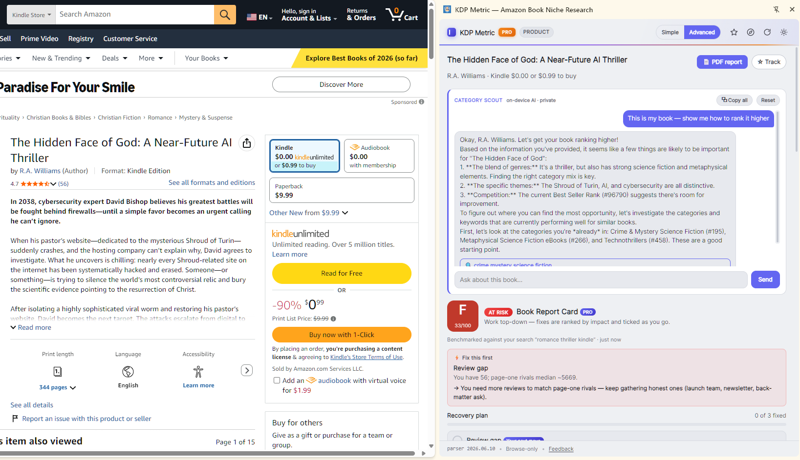 Category Scout AI chatting about a book beside its live Amazon page