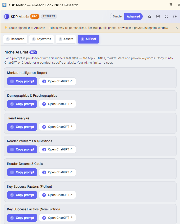 Niche AI Brief with data-loaded expert prompts ready to copy