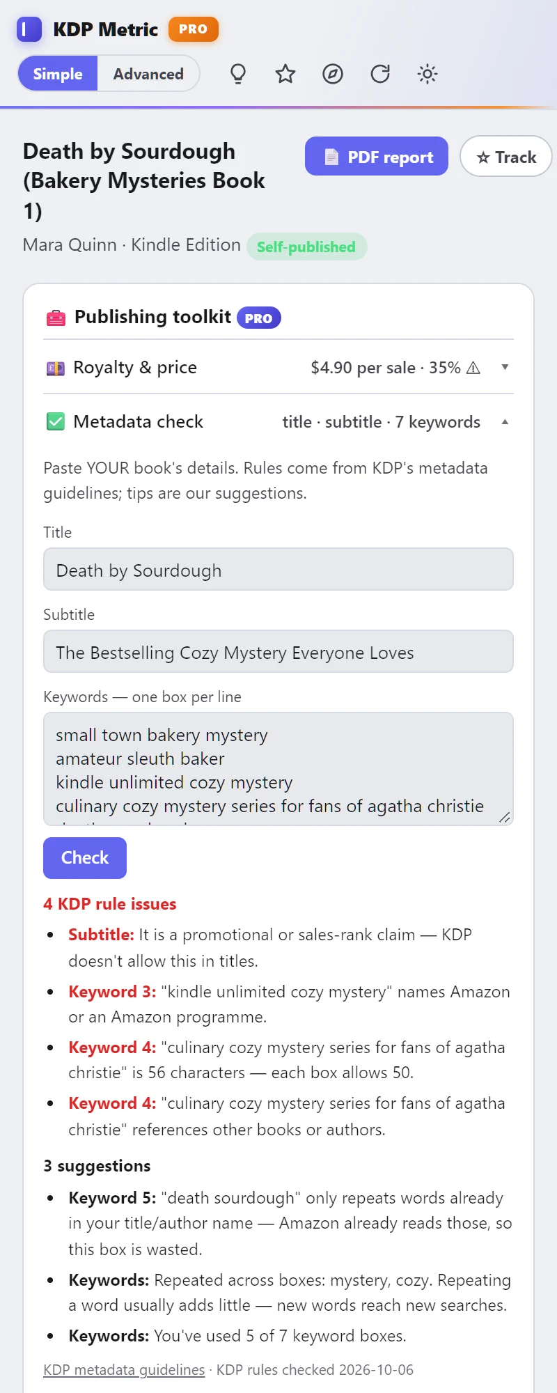 KDP metadata check flagging a promotional subtitle, an Amazon programme name and an over-long keyword